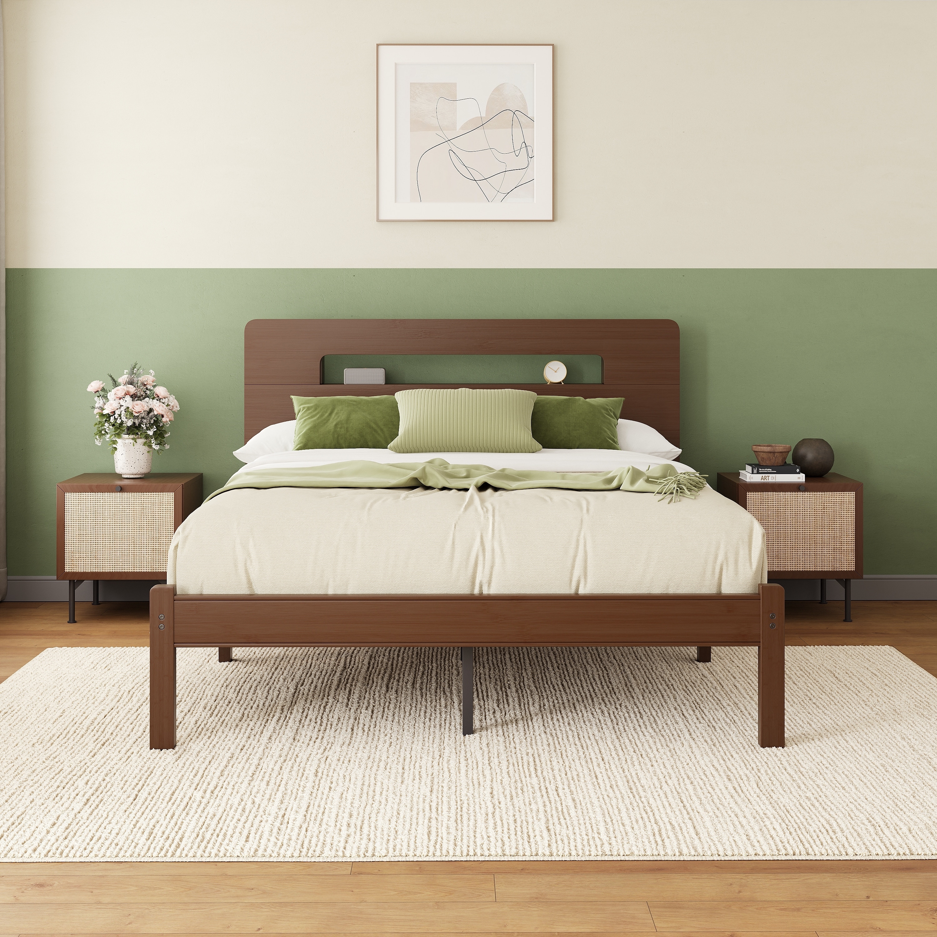 14-Inch Bamboo & Metal Platform Bed Frame with Headboard, Walnut Finish, Noise-Free, Easy Assembly