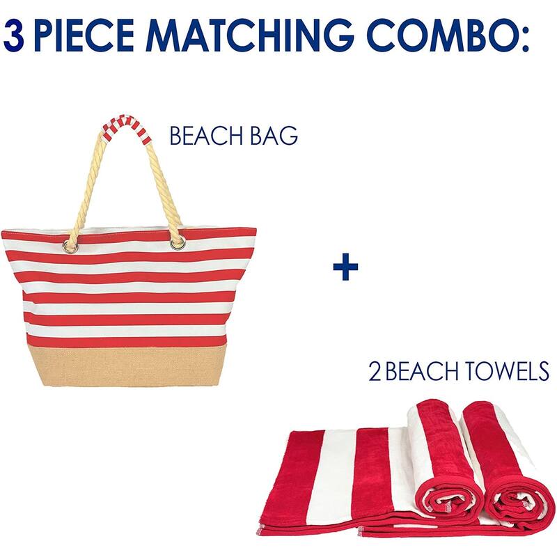 3 Piece Set Cabana Stripe, Two Beach Towel Set 32 x 62 Plus a Striped Beach Bag