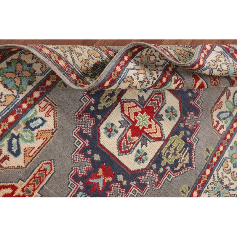 Geometric Kazak Accent Rug Handmade Grey Wool Carpet - 3'1" x 5'1"