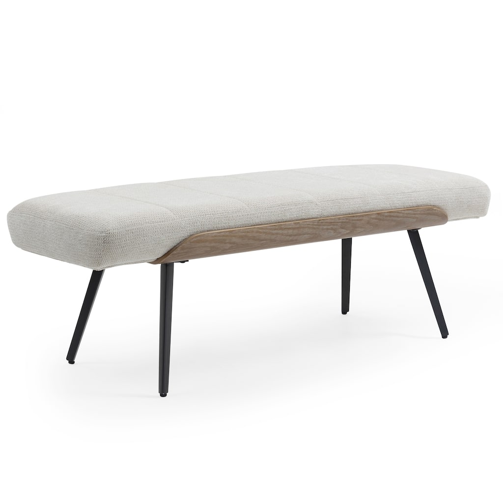 Bevin Beige Washed Woven Fabric Bench with White Washed Wood Accents and Black Iron Legs