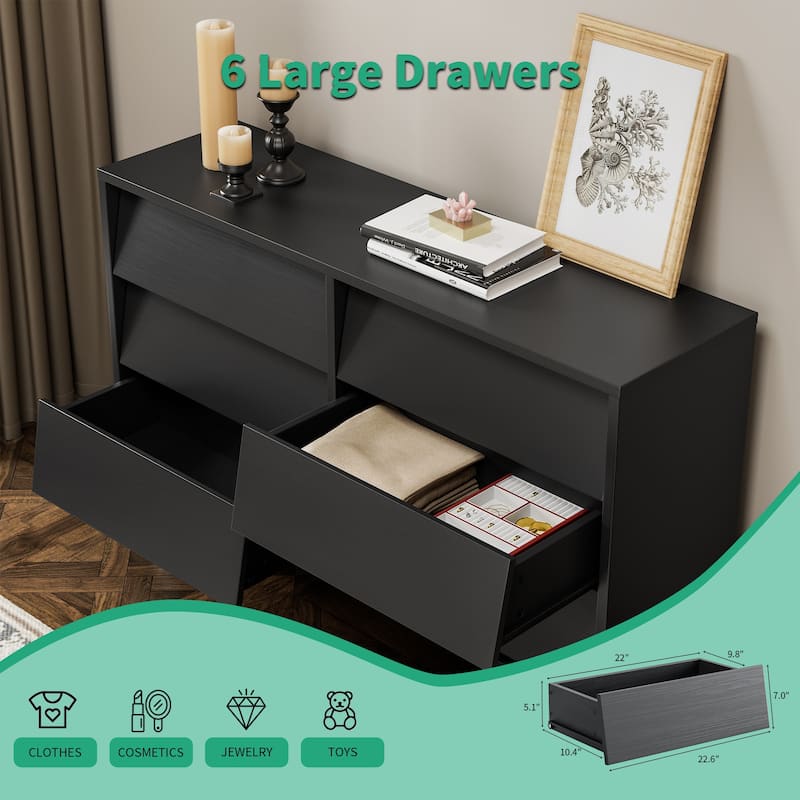 6 Drawer Dresser for Bedroom, Wide Wooden Storage Organizer, Double Dresses with Concealed Drawer Handles, Solid Wood Legs