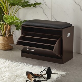 Brown Small Size Entryway Shoe Bench with PU Cushioned Seat and 3-Tier ...