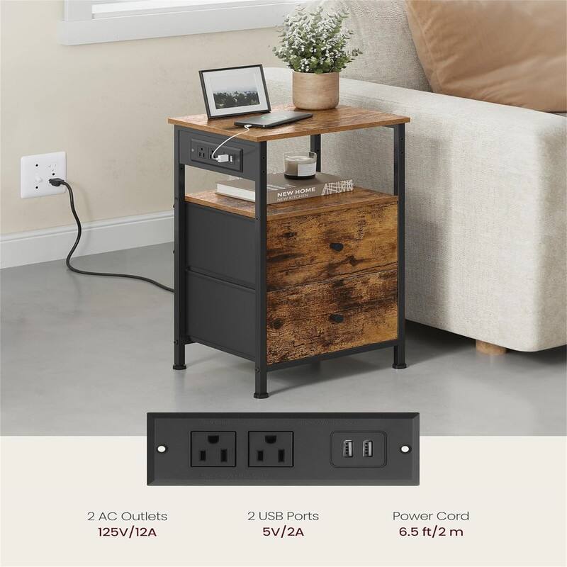 Nightstand with Charging Station Night Stand Side Table with 2 Drawers and 1 Open Shelf