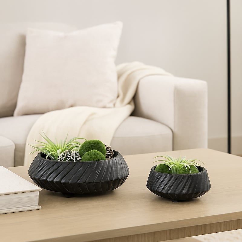 Pottery Tapered Footed Sculpted Textured Bowls-Set of 2-11",15" - 15.0"