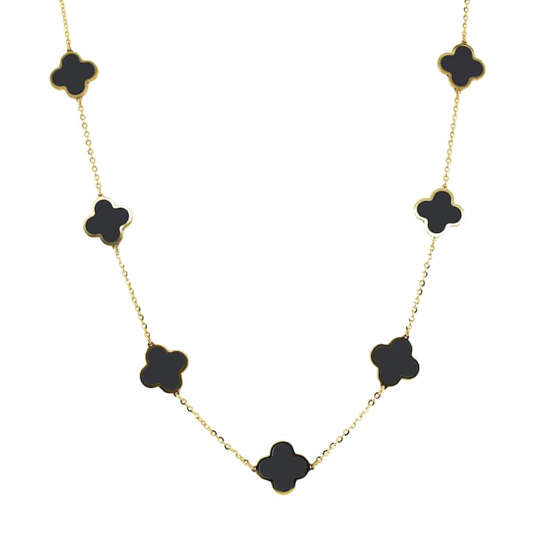 Italian Gold 14K Yellow Gold Clover Station Necklace - Made In Italy 10mm Clover 16-18 Inch Chain 3.20 grams - Black