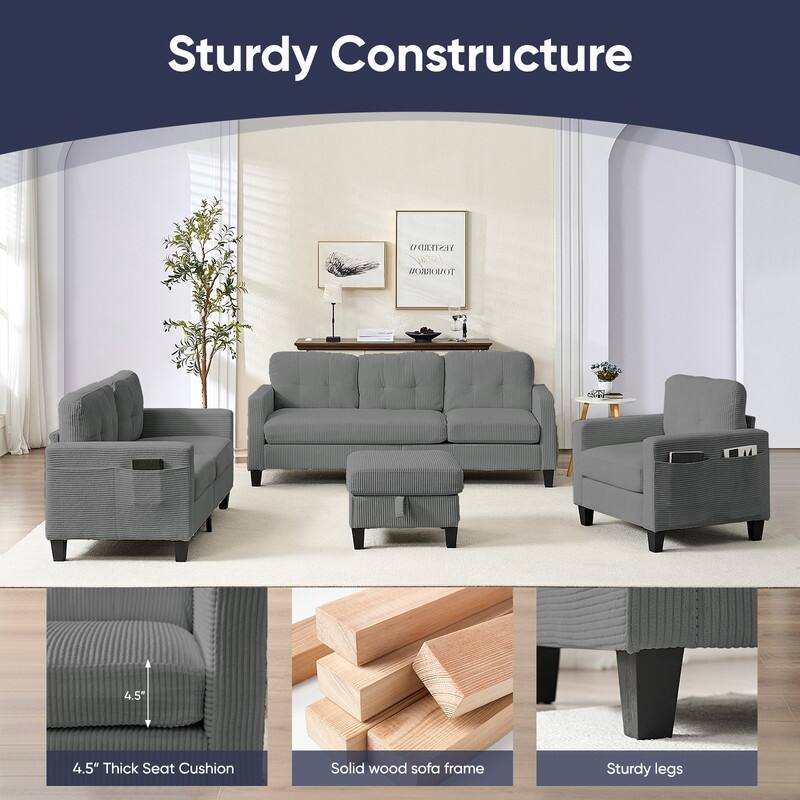Mixoy 76'' L-Shaped Sofa Set,Corduroy Sectional Sofa,Mid Century 3-Seater Sofa with Storage Ottoman/Loveseat/Single Sofa