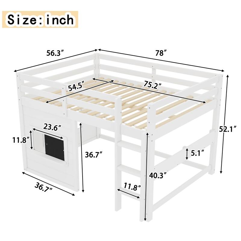 Full Size loft bed with a playful sliding chalkboard, built-in bookshelf, and high-quality safety rails