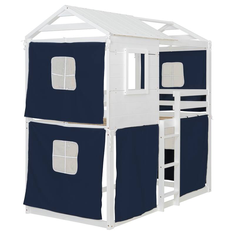 Twin Size Bunk Bed with Playhouse Tent Design and Solid Pine Wood Frame