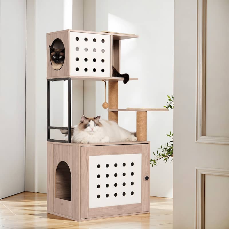 Cat Tree with Litter Box Enclosure, All-in-one Cat Tower for Indoor Cats with Large Hammock, Bed, Food Station, Scratching Posts