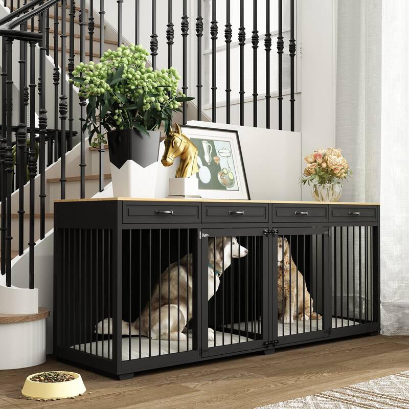 93" Wooden Large Dog Crate Furniture with 2 Rooms,3 Drawers & Dividers