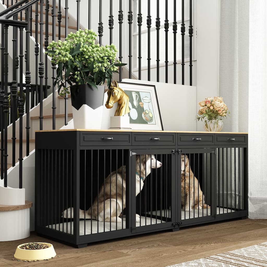 Wooden Dog Crate Kennel with 4 Drawers,Divides for 2 Large Dogs Indoor