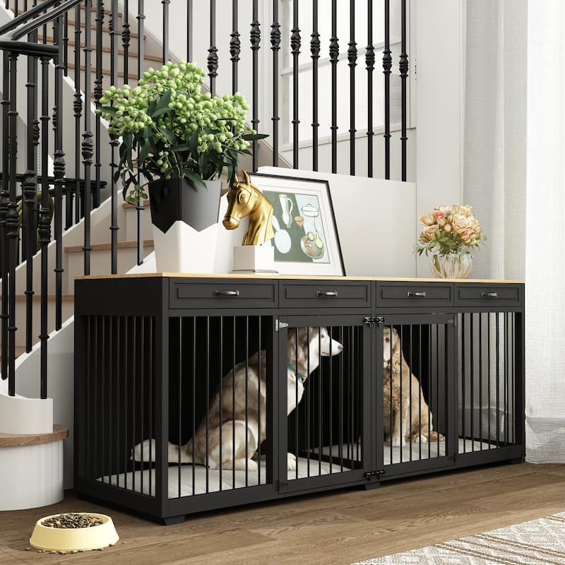 Wooden Double Dog Crates Indoor Furniture with Divider and 4 Drawers