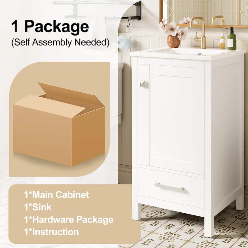 18" Small Bathroom Vanity with Ceramic Sink, Freestanding Storage Cabinet with Soft Close Drawer and Door, Adjustable Shelf