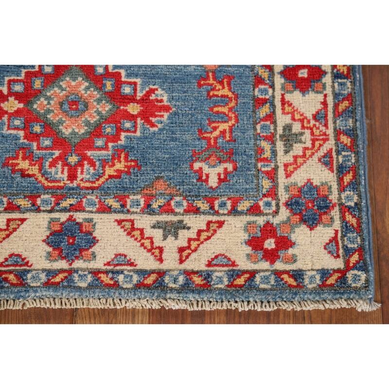 Blue Geometric Kazak Oriental Foyer Rug Handmade Wool Carpet - 2'1" x 2'10"