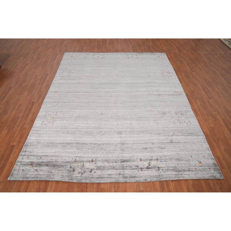 Hand Knotted Oriental Viscose Silk Carpet Tribal Animal Pictorial Greys & Charcoal Gabbeh Area Rug - 11' 9'' X 9' 2''