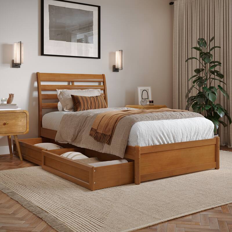 Emelie Platform Bed with Panel Footboard and Storage Drawers - Light Toffee - Twin XL