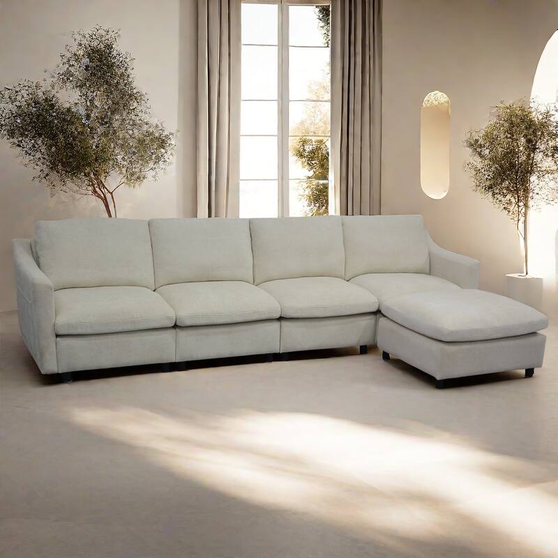 4-Seater Modern Beige Fabric Modular Sofa with Ottoman, Armrest Pockets and 4 Pillows