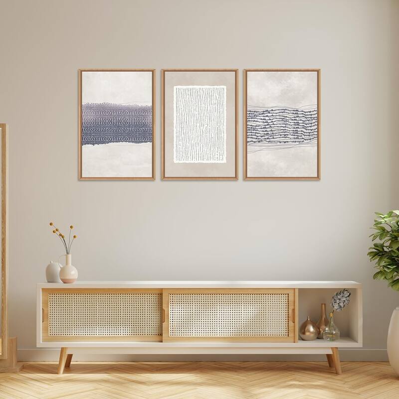 Blue White Abstract Neutral Framed Canvas Wall Art Set