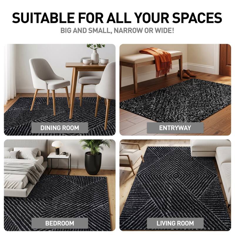 Minimal Stripe Geometric Shag Rug - Anthracite Dark Gray - Medium Pile - Cozy & Modern