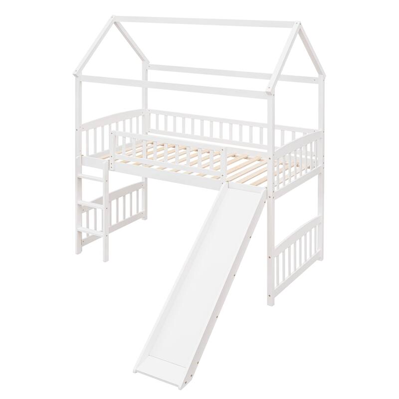 White Twin Loft Bed with Slide and House Design, Space-Saving Kids Furniture