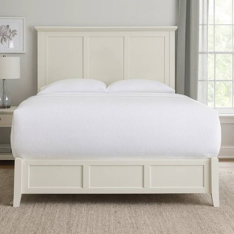 Neo Solid Mahogany Wood Low Profile Queen Bed, Beveled Trim Top, White