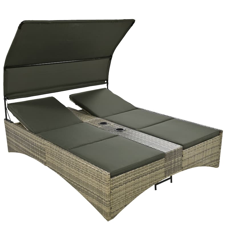 MERAX Outdoor Rattan Sun Lounger with Shelter Roof, Adjustable Backrest
