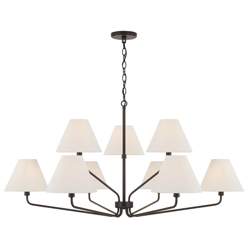 45" W x 22.5" H 9-Light Angular Two-Tier Chandelier with Tapered White Fabric Shades - 45"W x 22.25"H - Espresso