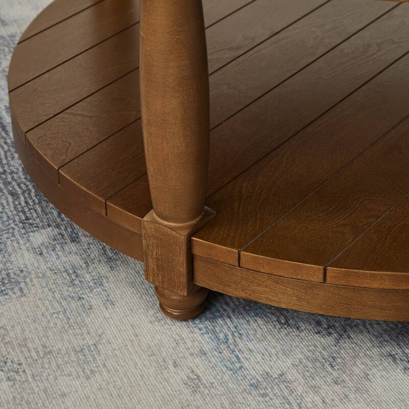 Large Round Tufted Linen Ottoman Coffee Table with Wood Shelf Storage - Linen Beige