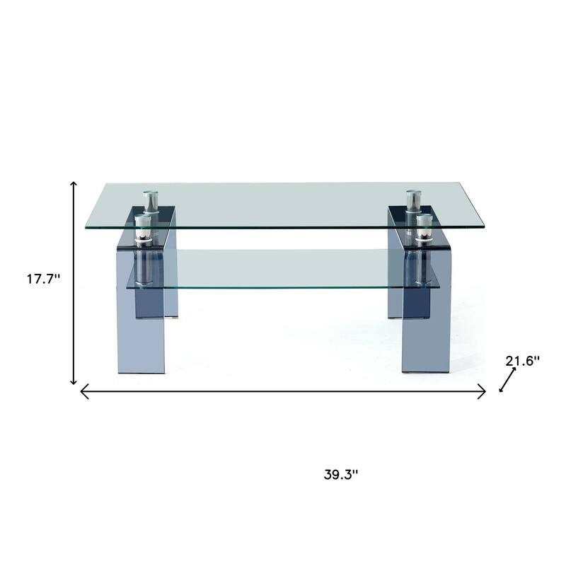 HomeRoots 39" Clear and Black Glass Coffee Table With Shelf - 39.30 in. x 17.70 in. x 21.60 in.