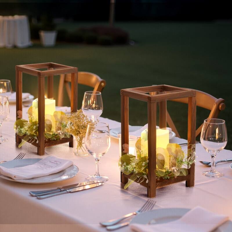 Wooden Wedding Lantern Set with LED Candles and Eucalyptus Wreath Rustic Cedar Table