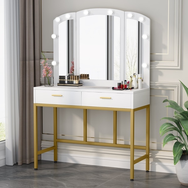 Makeup Vanity Set Dressing Table with Tri-Folding Lighted Mirror & 2 ...