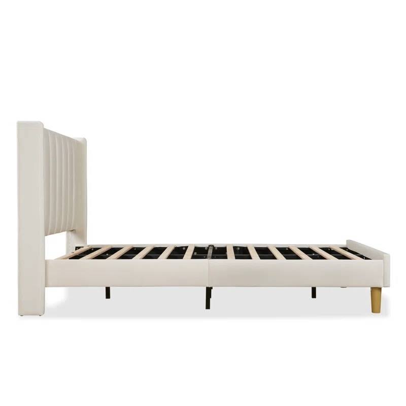 Twin Size Mid Century Modern Platform Bed Frame with Upholstered Headboard Linen No Box Spring Needed