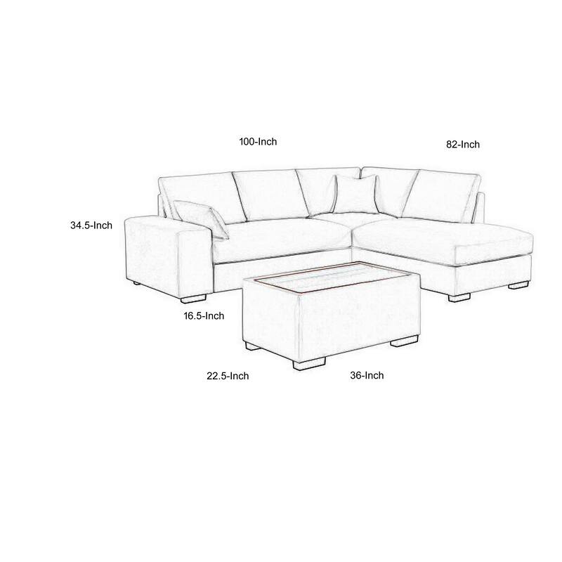 Eri 100 Inch Sectional Sofa, Right Chaise, Ottoman, Pillows, Light Gray