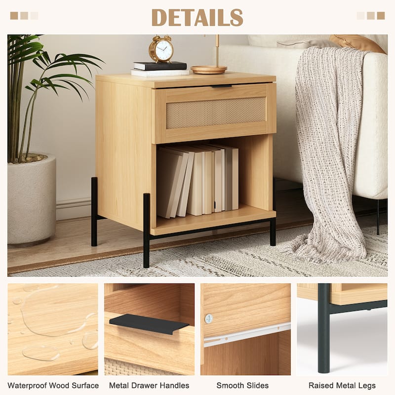 EROMMY Rattan Nightstand Set of 2, Boho Bedside Tables with Drawer and Open Shelf, 19.7" Wide End Tables for Bedroom