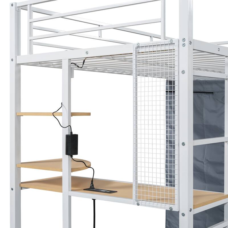 Twin/Full Size Metal Loft Bed Frame with Built In Desk, Power Outlet, Led Light and Wardrobe