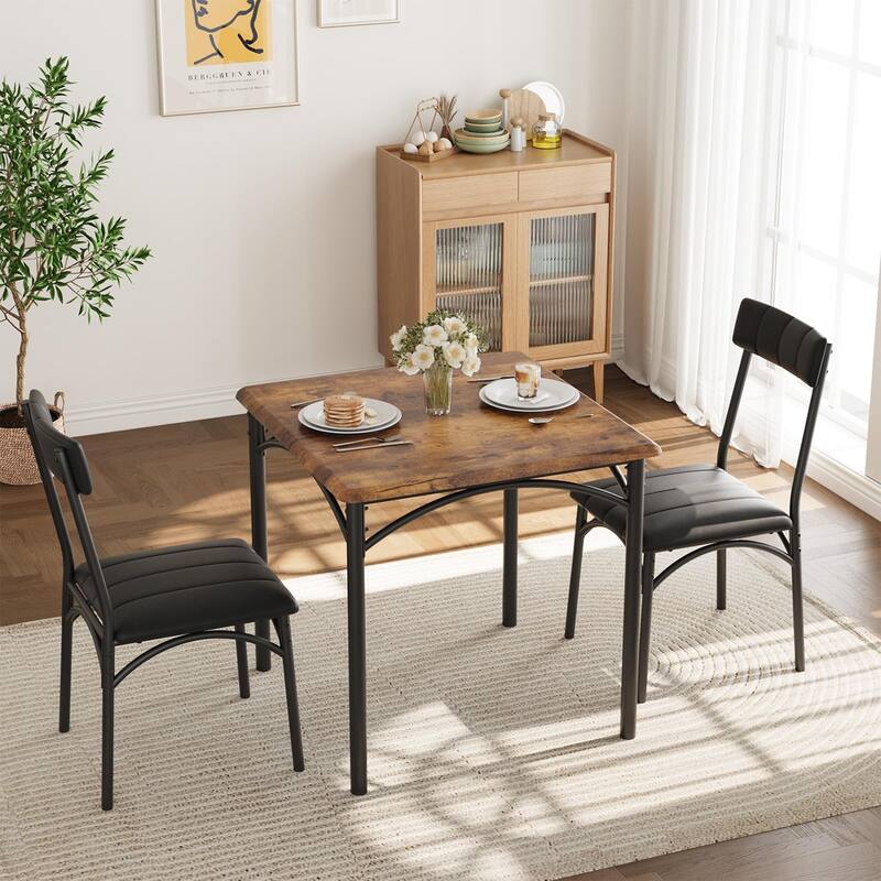 Round Dining Table Set for 2, Circle Kitchen Table and Chairs, Dining Room Table Set with Upholstered Chairs - Brown