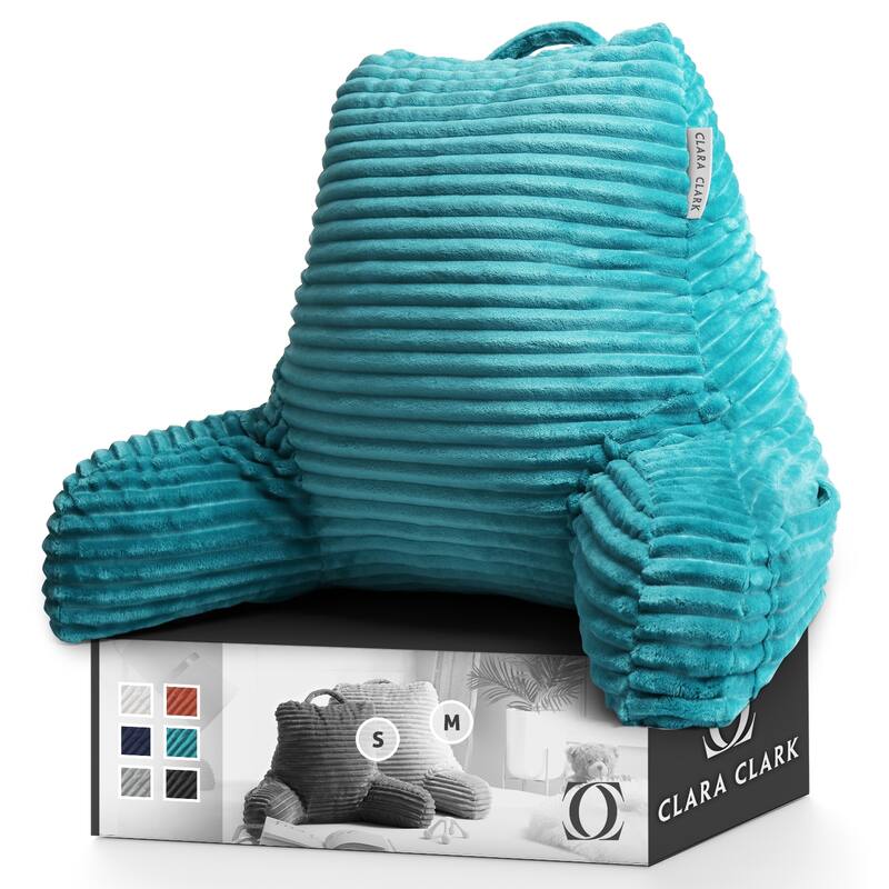 Clara Clark Cut Plush Striped Reading Pillow - Back Support Shredded Memory Foam Bed Rest Pillow with Arms - Medium - Teal
