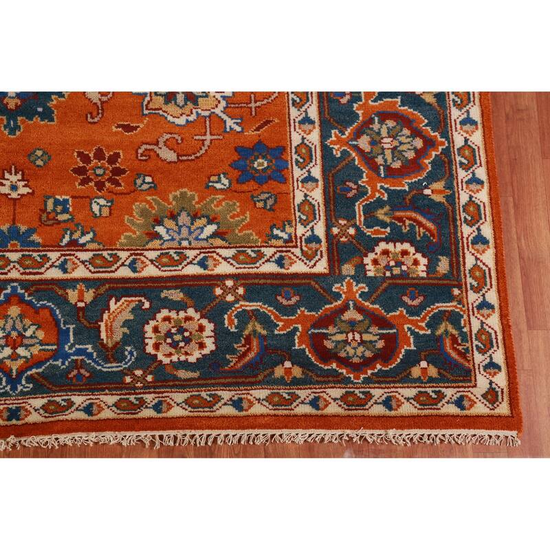 Orange Floral Oushak Indian Area Rug Hand-Knotted Wool Carpet - 7'11" x 9'11"