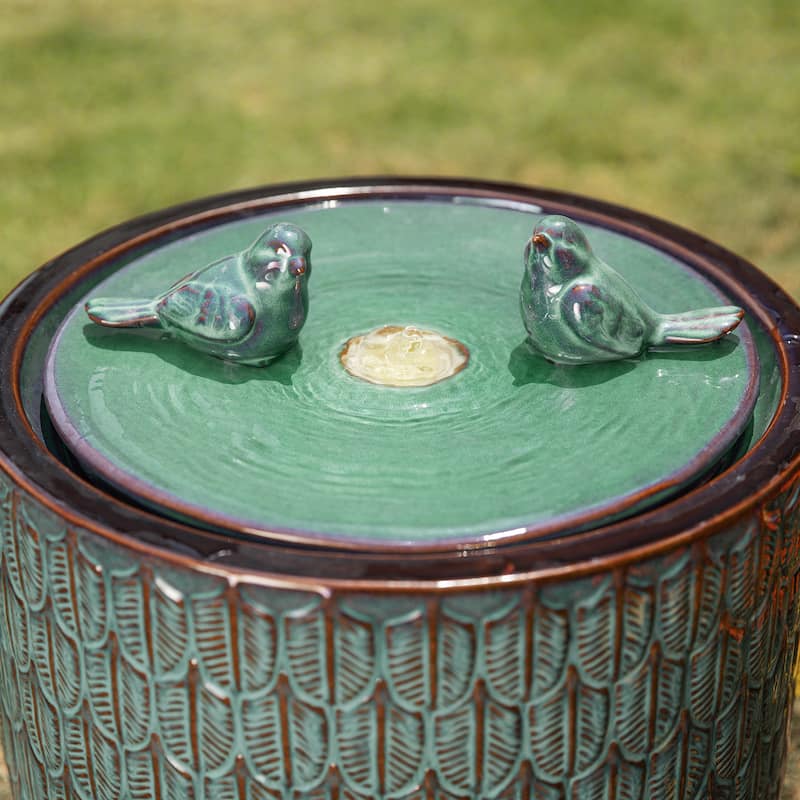 Glitzhome 15"H LED Ceramic Birdbath Outdoor Fountain with Two Birds & Leaf Pattern
