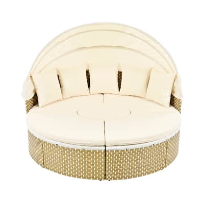 All Weather PE Rattan Daybed Two Tone Weave Sunbed Outdoor Patio Round Sectional Sofa with Retractable Canopy and Cushion