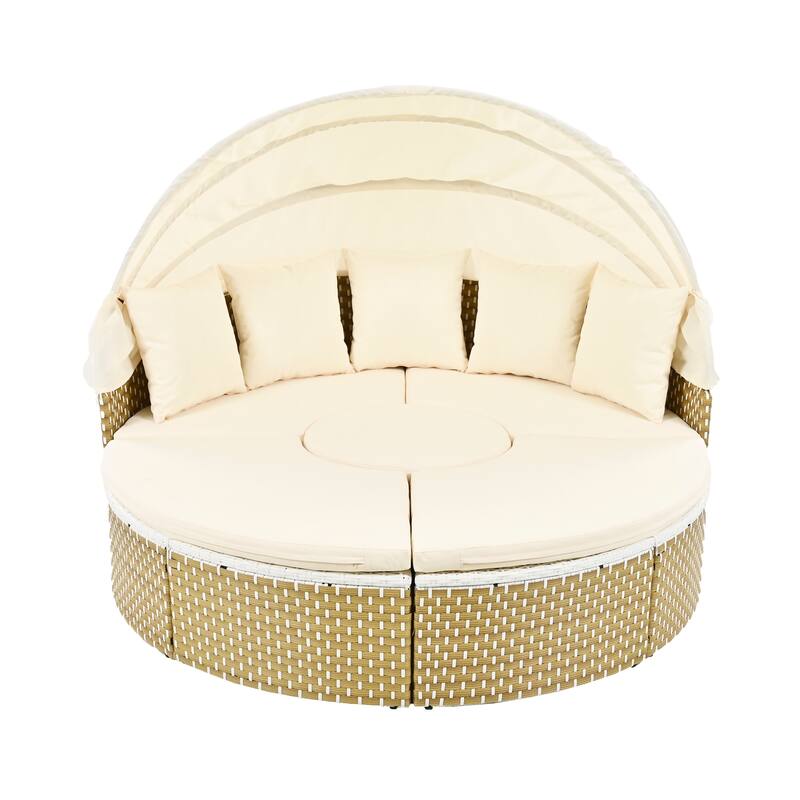 Outdoor Patio Furniture Set, Round Outdoor Sectional Sofa Set, Rattan Daybed with Retractable Canopy and Removable Cushion