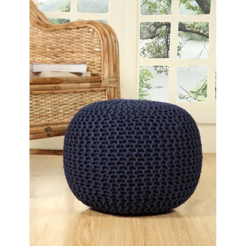 AANNY Designs Lychee Knitted Cotton Round Pouf Ottoman - Navy Blue