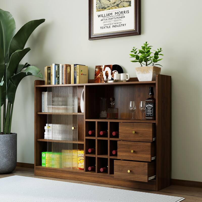 Sideboard with Sliding Glass Doors & Drawers, Freestanding Wooden Storage Cabinet, Coffee Bar Cabinet with Wine Racks - Walnut