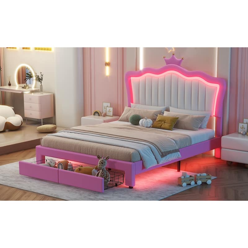 Full Size Upholstered Bed Frame with LED Lights, Crown Headboard, 2 Drawers, Pink+White