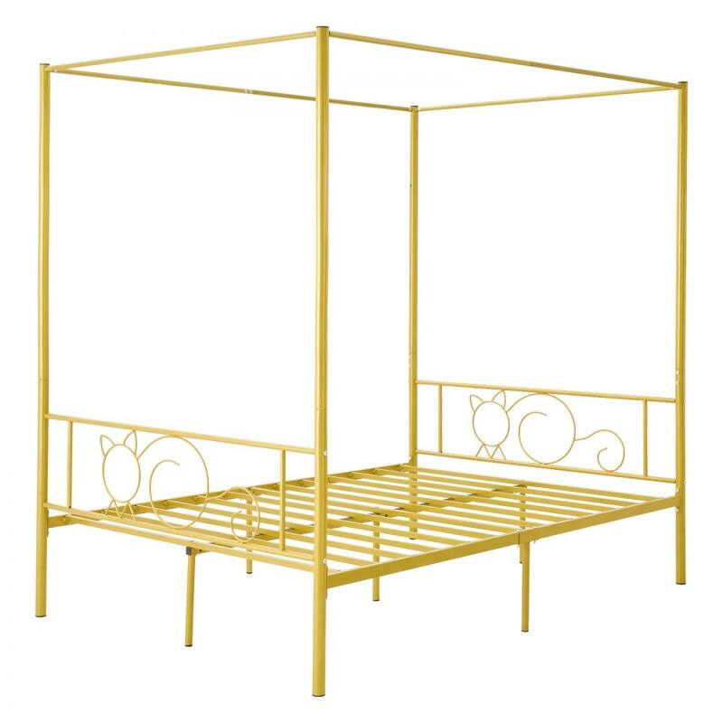Gold Metal Full Canopy Bed Frame with Storage and DIY Decoration Rails