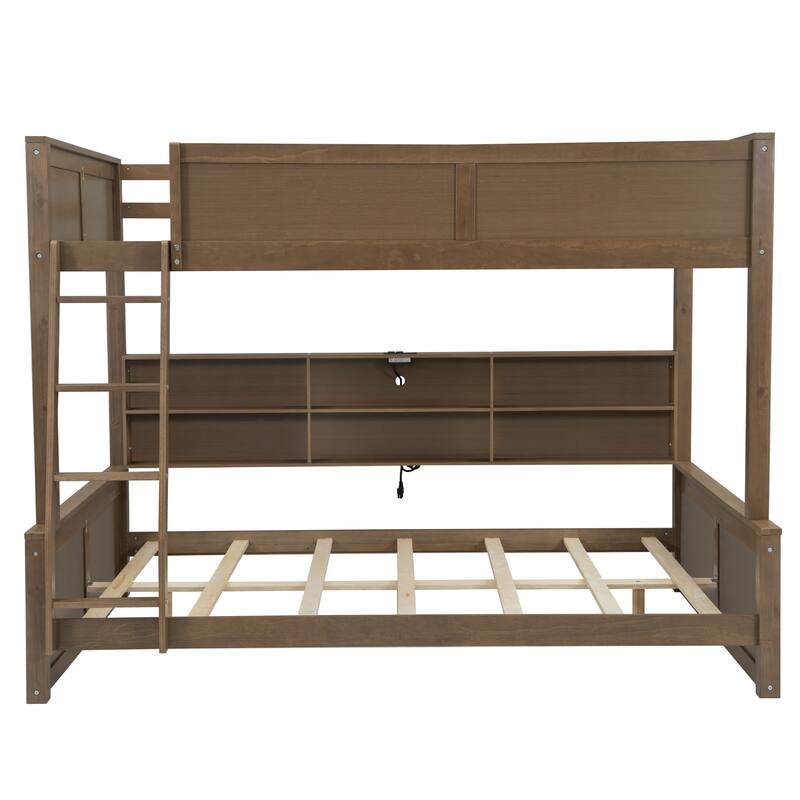Wood Full XL over Queen Bunk Bed with Shelves, Storage Cabinets, USB Ports, Bunk Bed Frame w/Slats Support, No Box Spring Needed