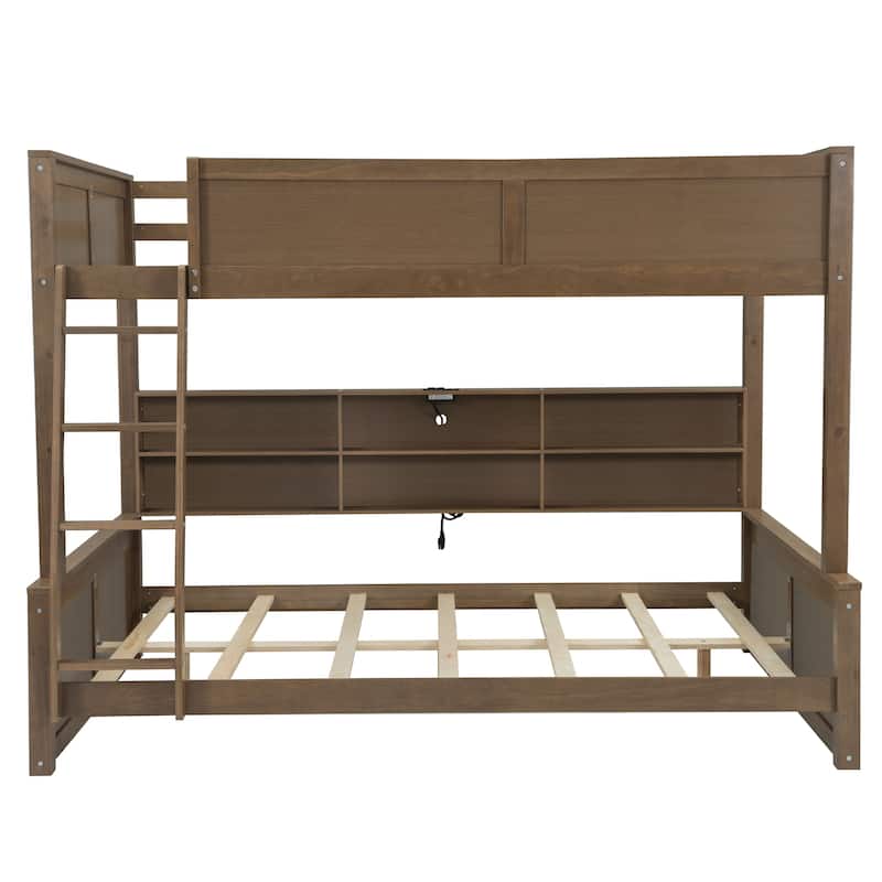 Wooden Bunk Bed with Charging Station & Storage Cabinets