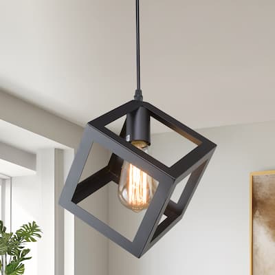 Modern Industrial 1-Light Black Square Pendant Lights for Kitchen Island - D6.3"xH10.2"