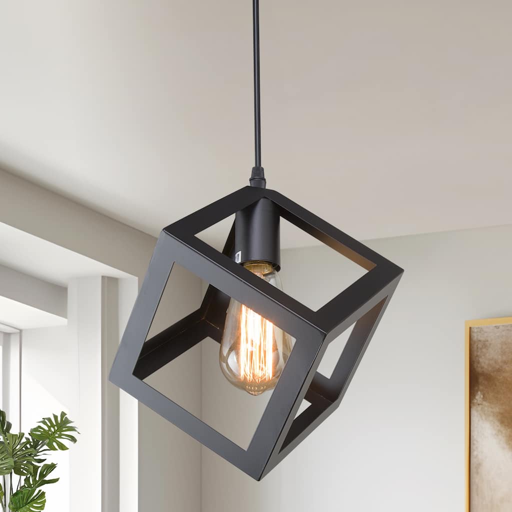 Modern Industrial 1-Light Black Geometric Pendant Light for Kitchen Island - D6.3"xH10.2"