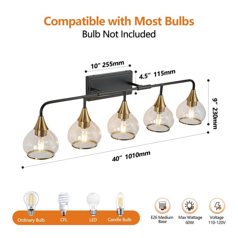 40" Modern 5-Light Vanity Wall Sconce, Light Fixture with Clear Glass Shades